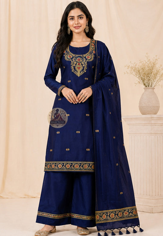 Handwoven deep blue Baluchari silk kurti piece with Resham neckline detailing and traditional woven border motifs — Dakshin Vastram