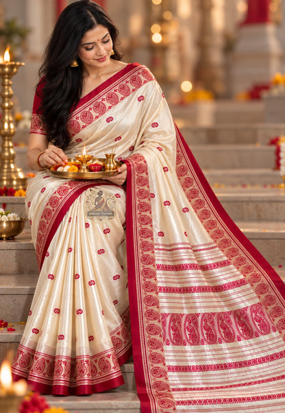 Front view of Bishnupur Garad silk saree showing warm natural ivory drape and traditional Bengal woven border for festive and cultural occasions