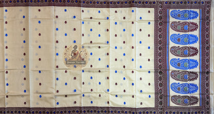 Close-up of rarest pure silk fabric of Bishnupur Baluchari Saree showing extraordinary luminous sheen, finest handwoven texture and exceptional drape — silk of the highest quality from Bengal's most celebrated handloom tradition