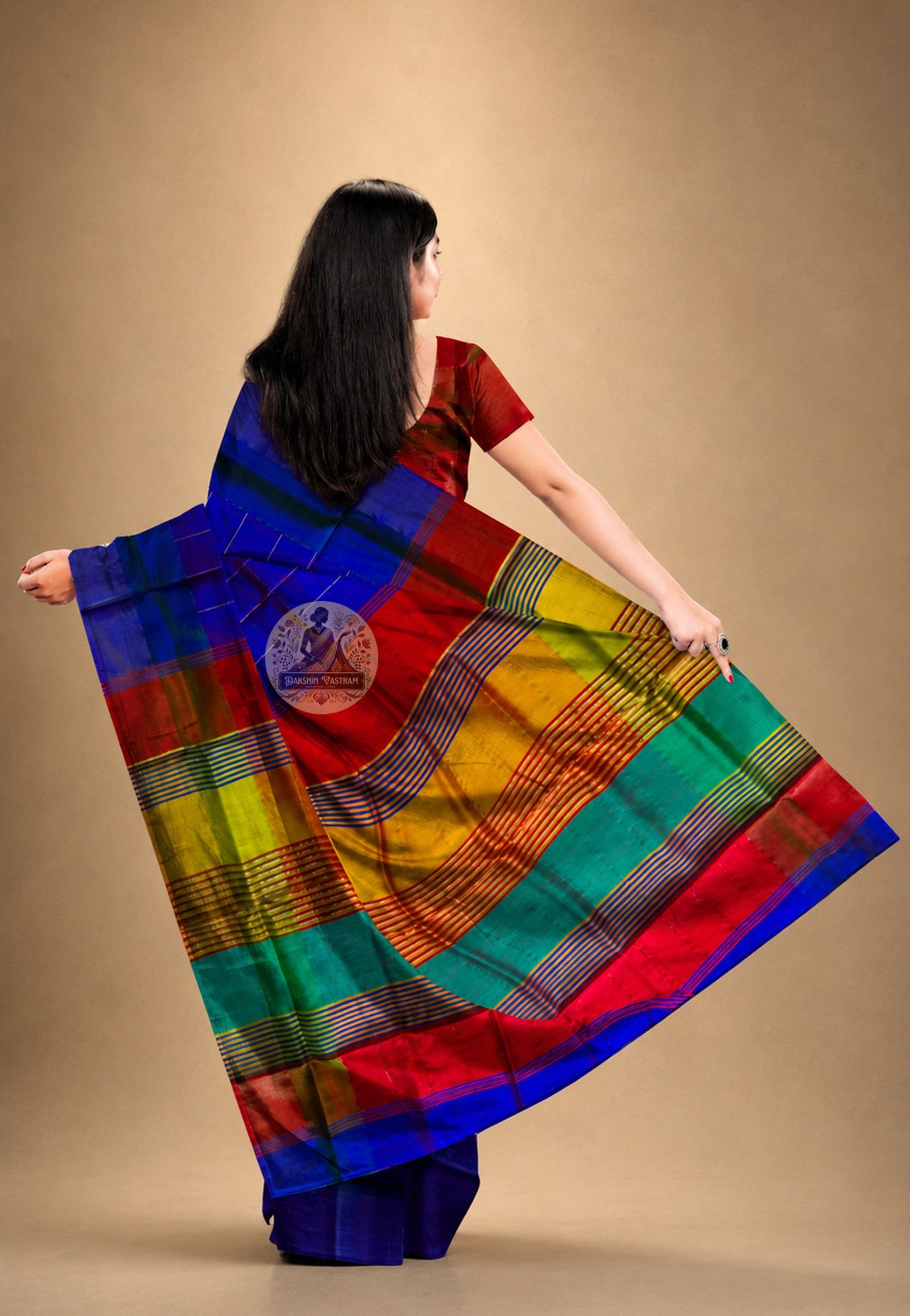 Rear view of handwoven Bishnupur Katan Silk Saree displaying the richly woven pallu with traditional Bengal terracotta temple-inspired motifs in pure silk