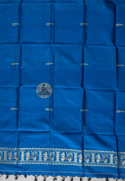 Close-up of pure mulberry silk fabric of Baluchari stole – lustrous violet weave with delicate gold buti motifs, handcrafted in Bishnupur, West Bengal