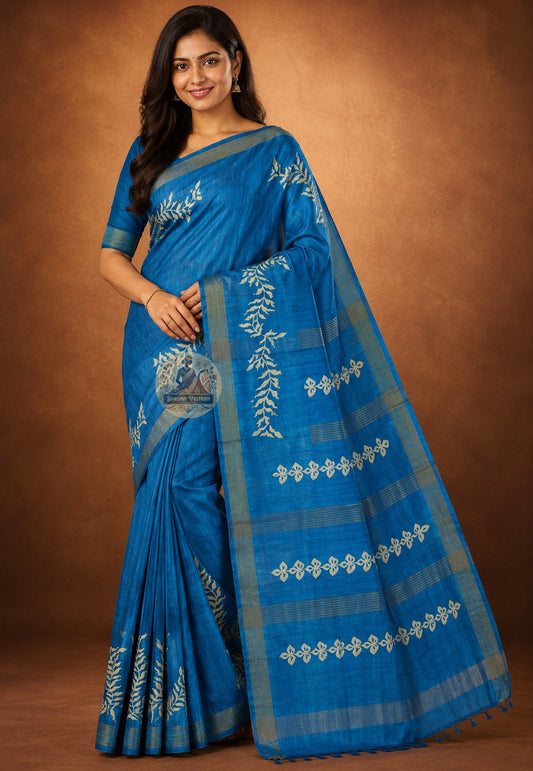 Front view of Ghicha Tussar Silk Saree in earthy golden-brown wild forest silk tone, handwoven on traditional loom draped on model, perfect for Durga Puja saptami in Kolkata and Teej vrat in Jaipur