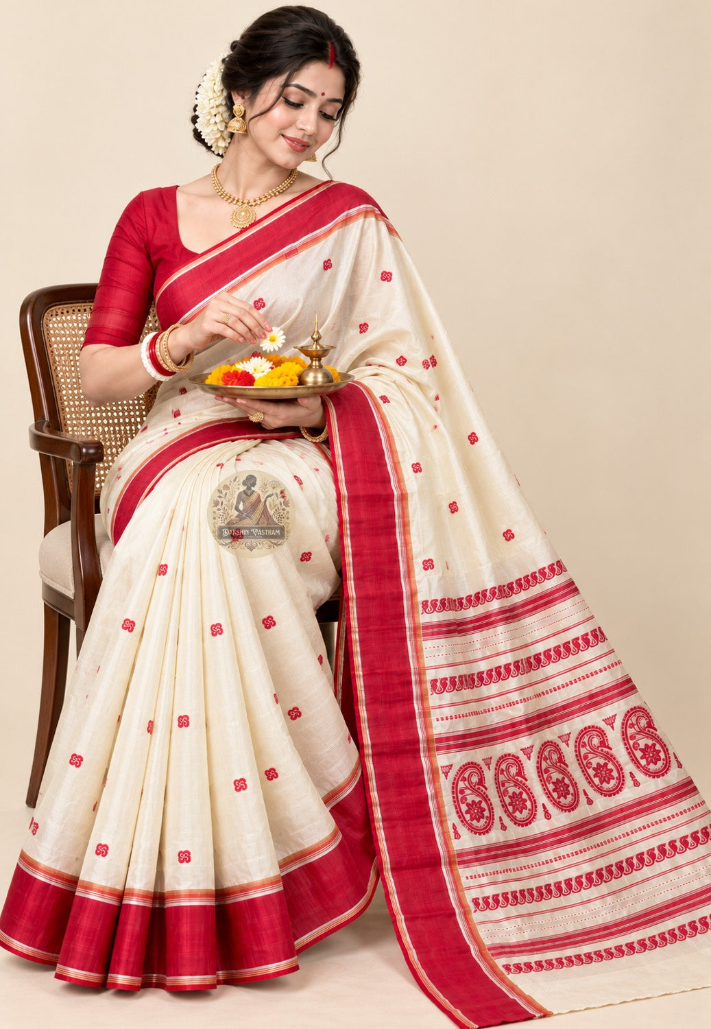 Front view of Bishnupur Garad silk saree showing natural ivory silk drape and traditional Bengal border motifs for Bengali wedding ceremonies