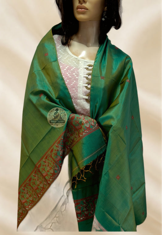 Intricate figurative jacquard motifs on Baluchari pure silk stole – mythological scenes woven by Bengal artisans
