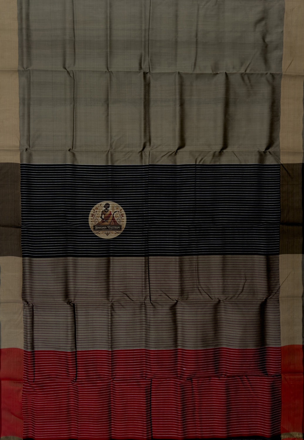 Full flat-lay view of Bishnupur Pure Katan Silk Saree showing complete handwoven silk body in deep colour, traditional Bengali motif border, and richly detailed pallu — Durga Puja 2026 Collection