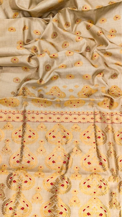 Authentic Assam Muga Silk Saree with ornate border – handcrafted on traditional pit loom
