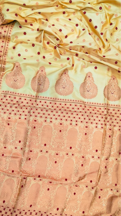 Close-up of running blouse fabric from Assam Mulberry Silk Copper Zari Saree set, featuring coordinating silk weave with warm copper zari border detailing
