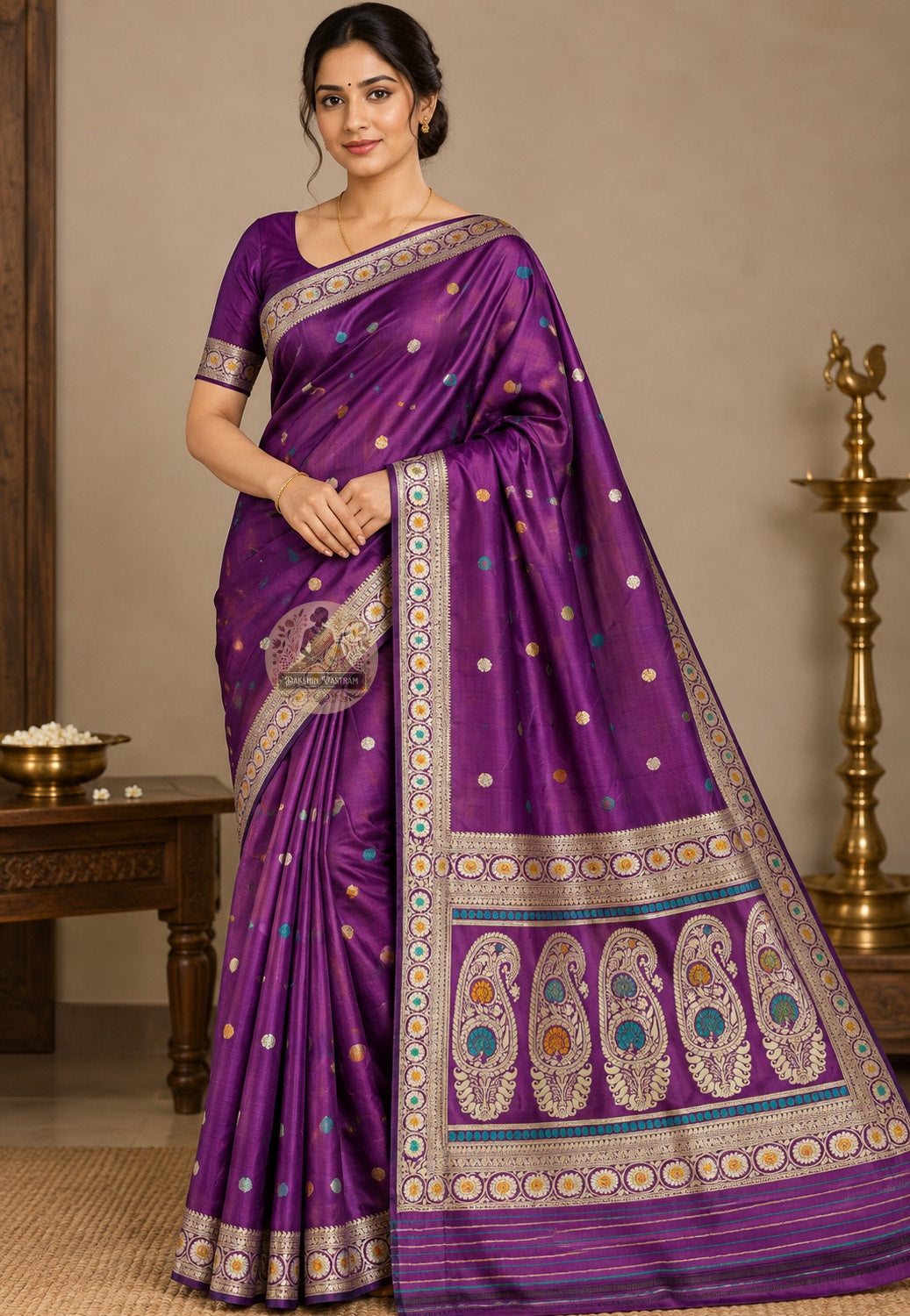 Side view of Bishnupur Baluchari prestige pure silk saree displaying smooth natural silk drape and lustrous depth of colour for Bengali weddings and Durga Puja