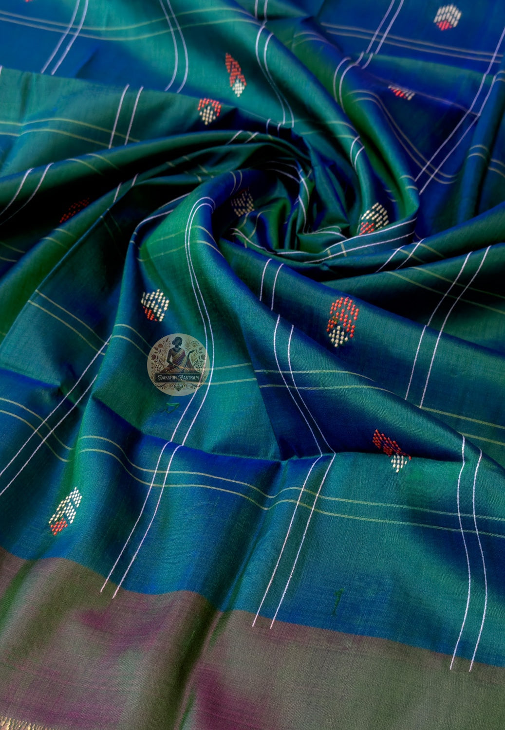 Close-up of Bishnupuri pure katan silk weave – natural silk lustre illuminating the fabric, intricate handwoven Bengal motifs for bridal and festive wear