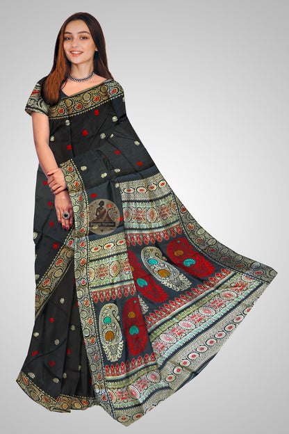 Handwoven Baluchari silk saree in deep amber with gold zari Mahabharata figures on rich contrast pallu