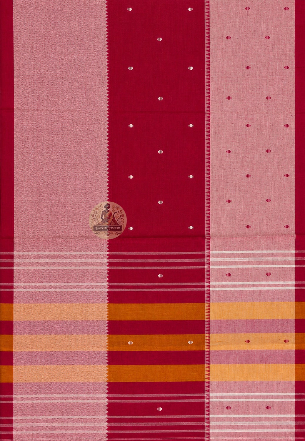 Rear view of all-season handloom cotton saree highlighting the pallu and traditional woven border detail