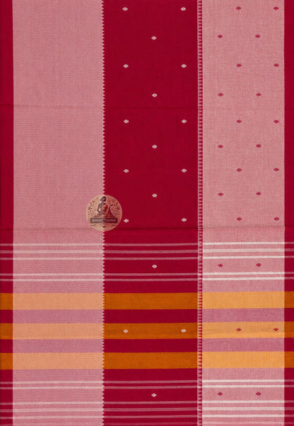 Rear view of all-season handloom cotton saree highlighting the pallu and traditional woven border detail