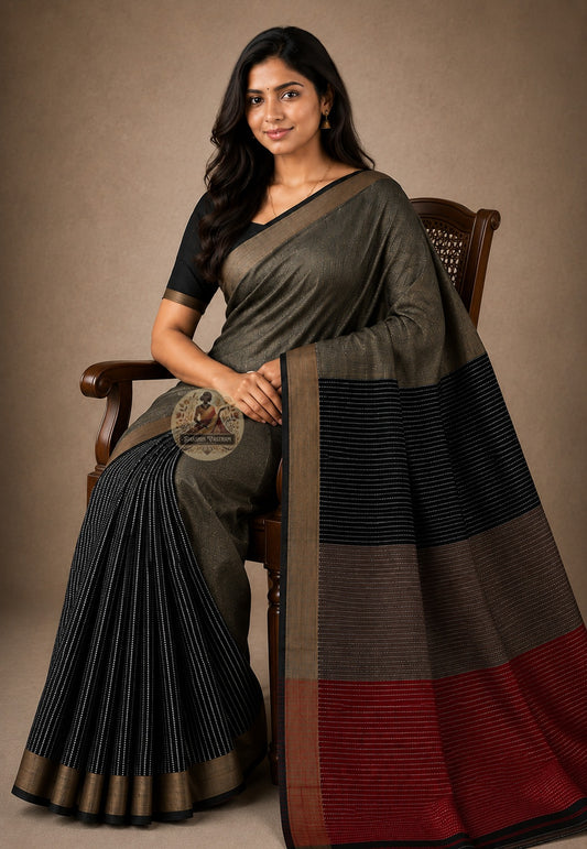 Front view of Bishnupur Pure Katan Silk Saree draped on model, showcasing the deep luminous colour and handwoven traditional Bengali motifs from West Bengal's heritage weaving town of Bishnupur