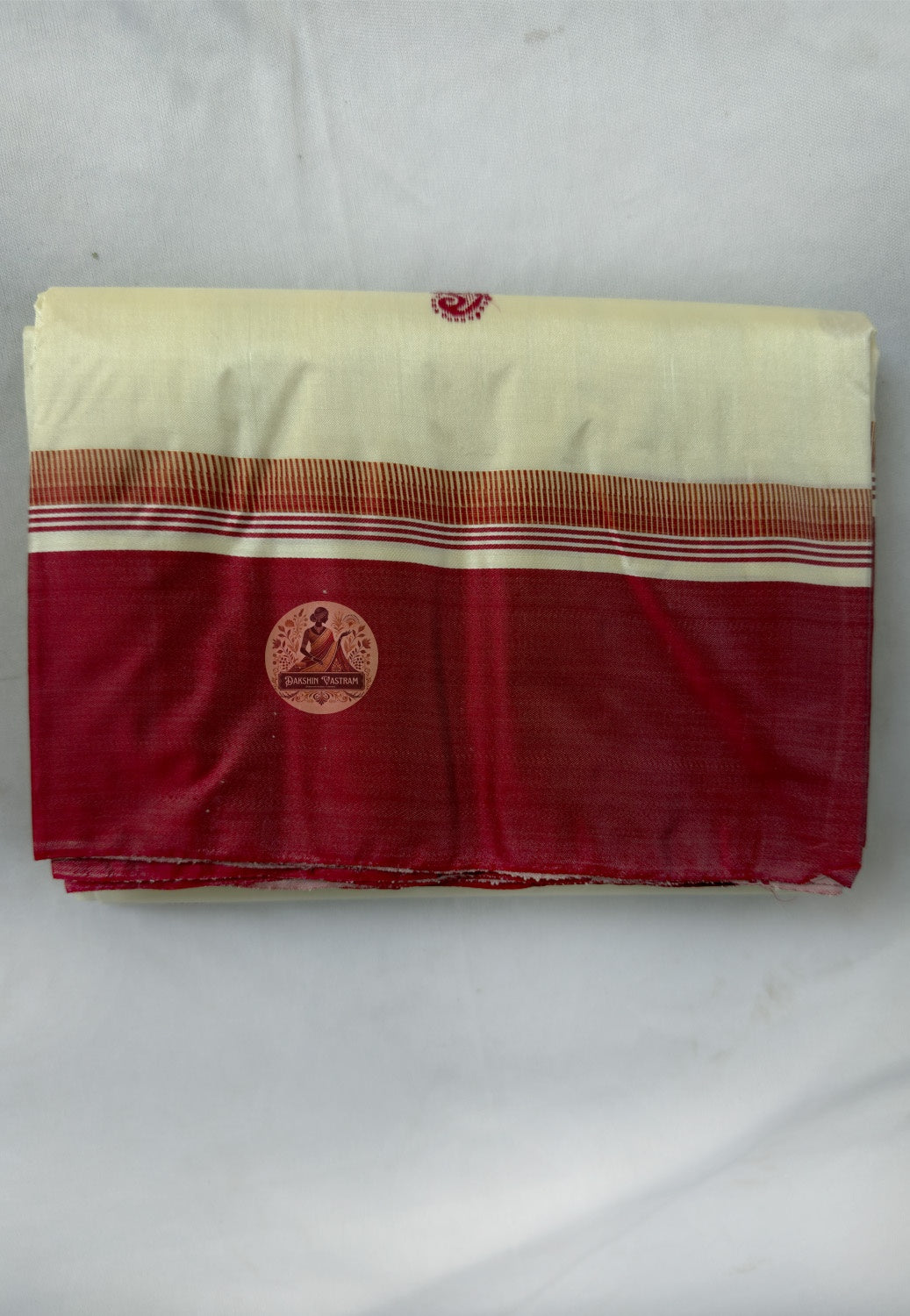 Full saree view of Bishnupur Garad pure mulberry silk saree in natural ivory with matching blouse piece, for Bengali weddings and Durga Puja