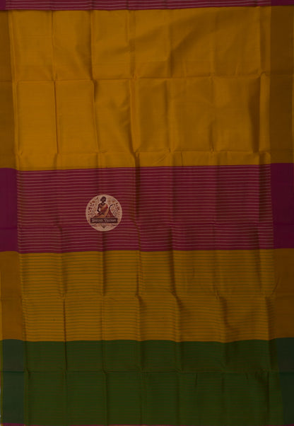 Full flat-lay view of Bishnupur Pure Katan Silk Saree showing complete handwoven silk body, traditional temple motif border, and richly detailed Bengali heritage pallu design