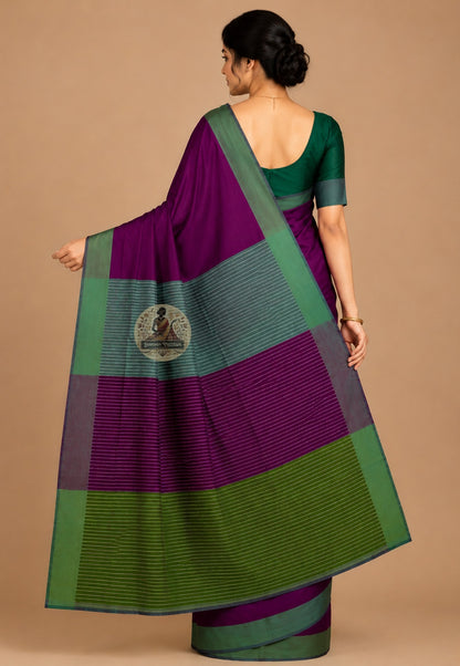 Rear view of Bishnupur Pure Katan Silk Saree displaying the richly handwoven pallu with traditional Bengali motifs — lotus, temple spire, and peacock patterns from Bishnupur's thousand-year weaving heritage
