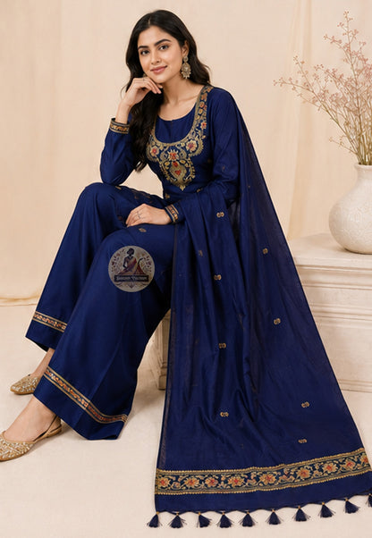 Full drape view of deep blue Baluchari silk kurti fabric showing natural lustre and woven mythological border motifs