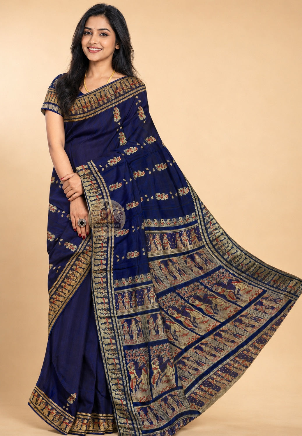 Front view of Bishnupur Baluchari Silk Saree in pure lustrous silk with handwoven temple art motifs on pallu and border, draped for Durga Puja and weddings in West Bengal