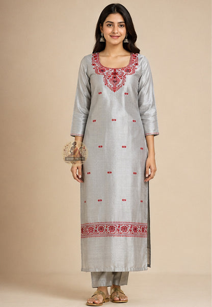 Slate Grey Baluchari Silk unstitched kurti fabric with Resham embroidery, handwoven in Bishnupur West Bengal – Dakshin Vastram
