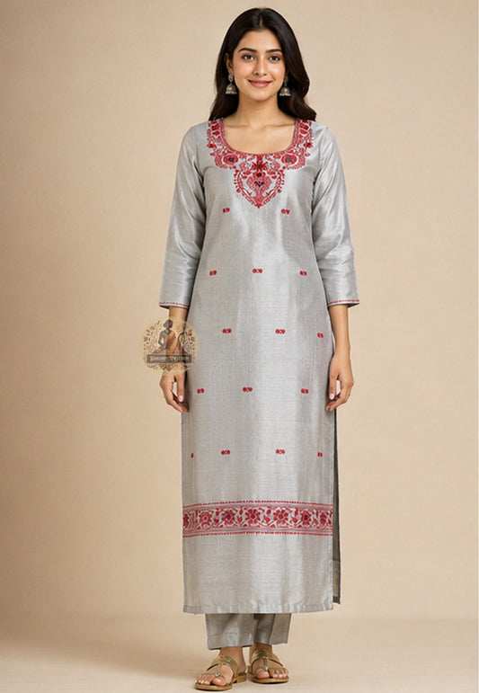 Slate Grey Baluchari Silk unstitched kurti fabric with Resham embroidery, handwoven in Bishnupur West Bengal – Dakshin Vastram