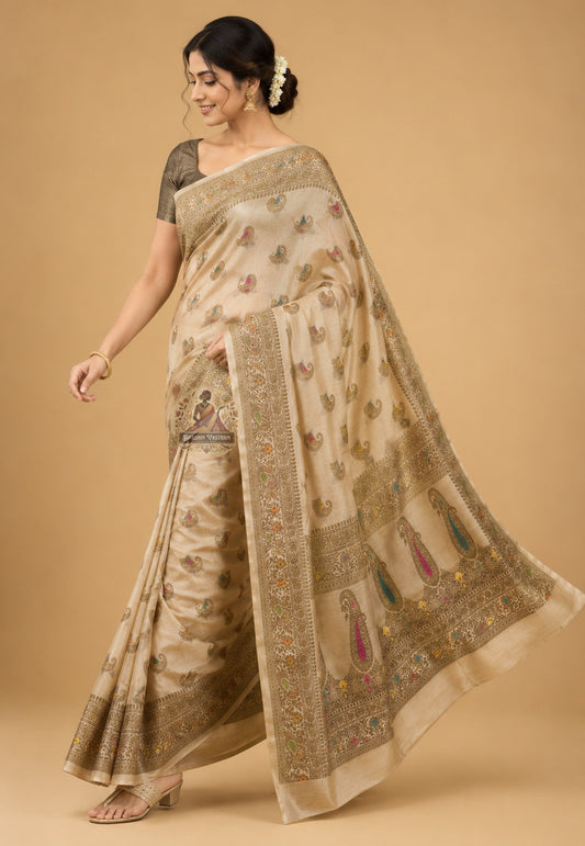 Side view of pure Muga Tussar Banarasi Saree showing graceful full-length drape and warm natural golden sheen — a saree made to be passed from mother to daughter