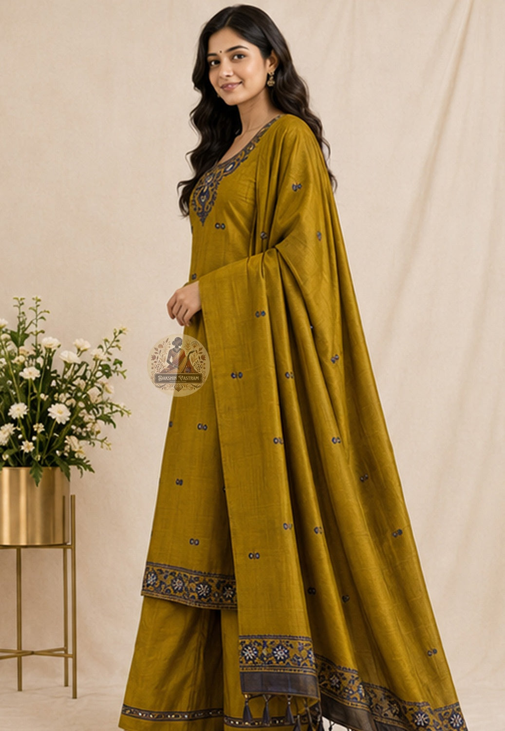 Close-up of Resham silk threadwork woven into neckline of mustard yellow Baluchari kurti fabric — Bishnupur artisan craft