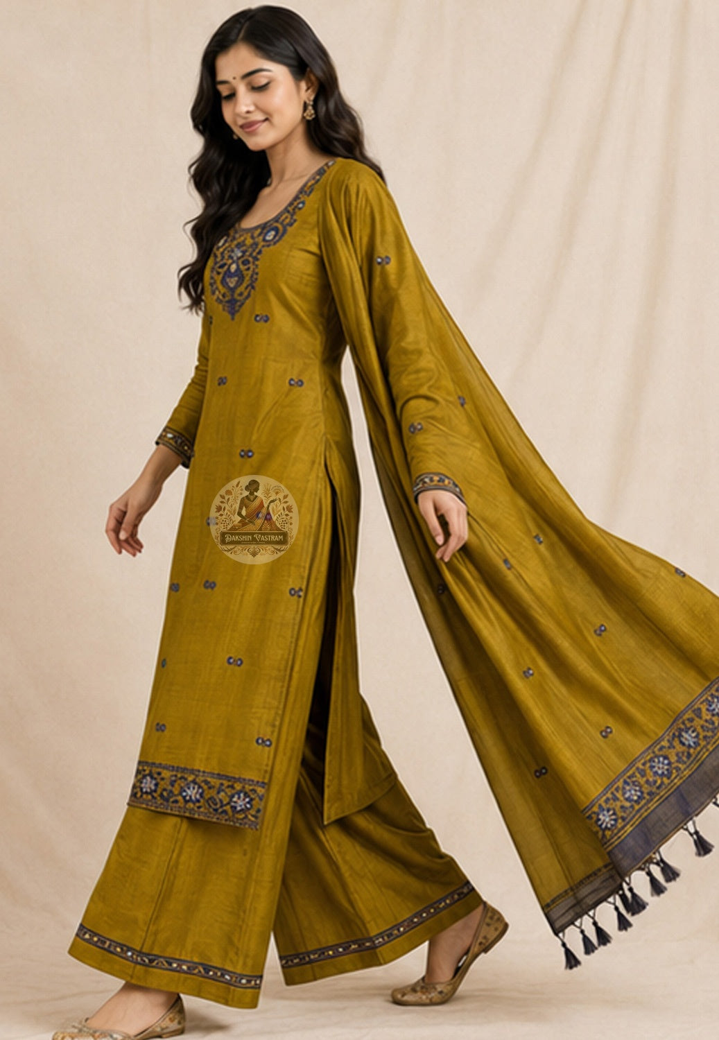 Rich mustard yellow pure mulberry silk unstitched kurti piece with traditional Baluchari border patterns — handloom West Bengal