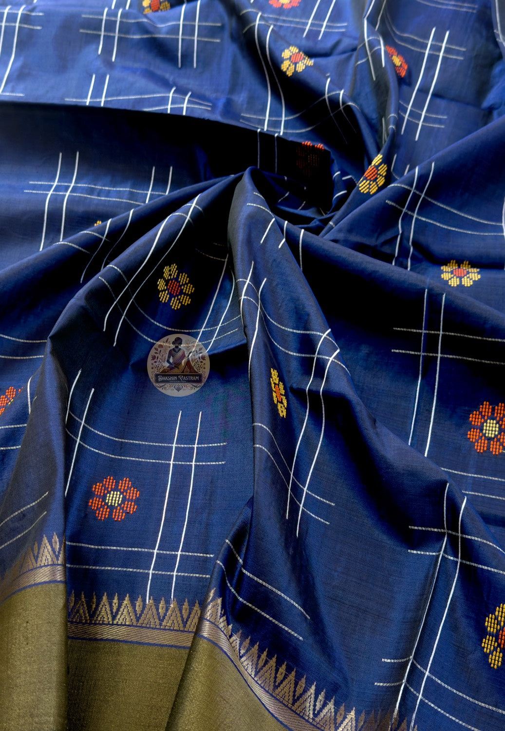 Close-up of pallu of Bishnupur Katan silk saree showing elaborate woven Bengal border and heritage motif detail by Bankura artisan weavers