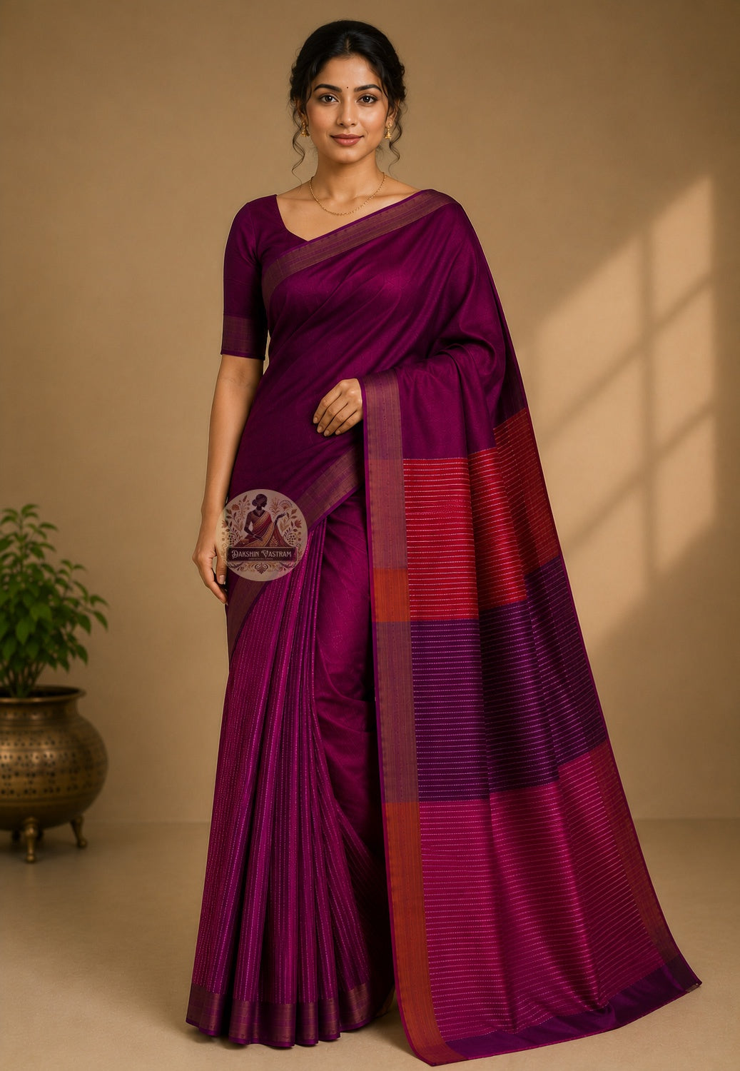 Side view of Bishnupur Katan Silk Saree showing the graceful fall and natural luminosity of pure handwoven Katan silk with traditional Bengali motifs along the border