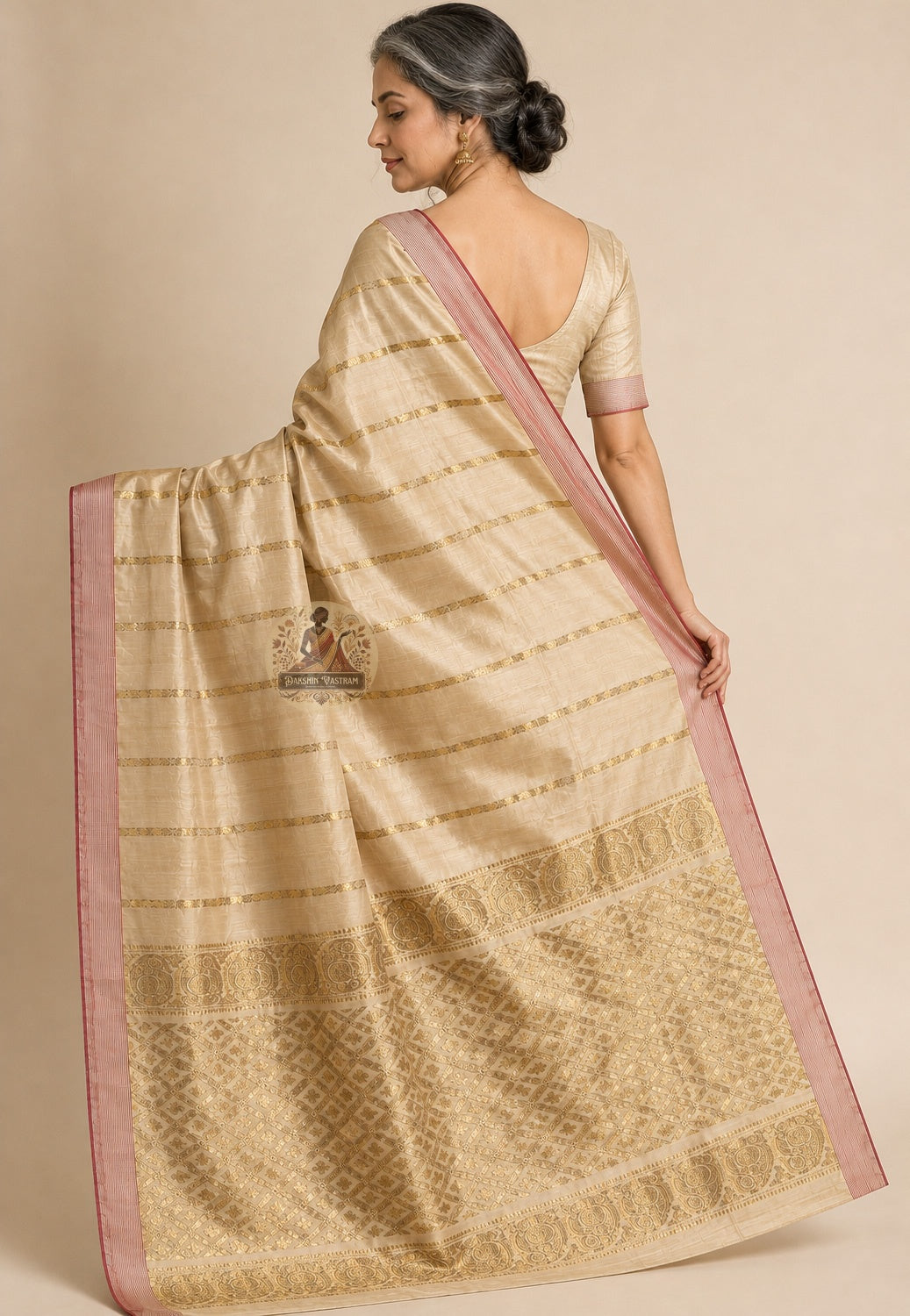 Side view of natural amber Ghicha Tussar Silk Saree showing Ashtami anjali morning drape and kantha stitch marigold garland border Bengal