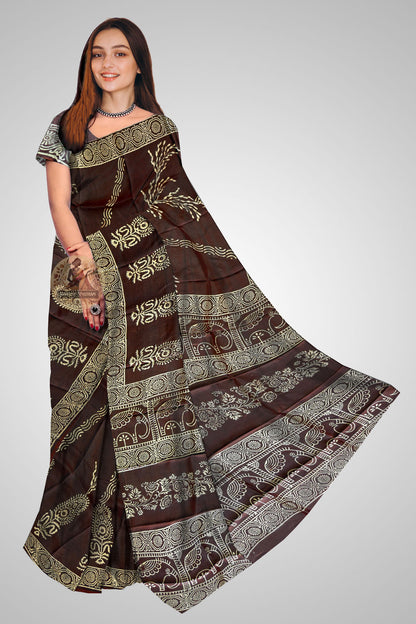 Buy Pure Bishnupur Silk Block Print Saree online – Front view of Mulberry silk saree