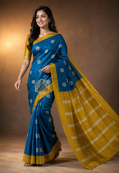 Front view of Ghicha Tussar Silk Saree in warm golden-brown natural tone, handwoven raw silk draped on model, perfect for Makar Sankranti kite festival in Ahmedabad and Onam Sadya in Thrissur