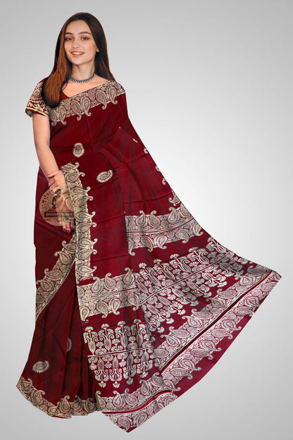 Buy Pure Bishnupur Silk Block Print Saree online – Front view of Mulberry silk saree