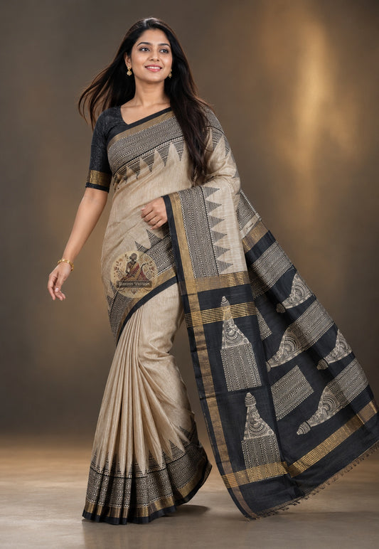Front view of Ghicha Tussar Silk Saree in natural forest-toned hue, handwoven raw silk drape on model, perfect for Navratri garba nights in Ahmedabad and Eid gatherings in Lucknow