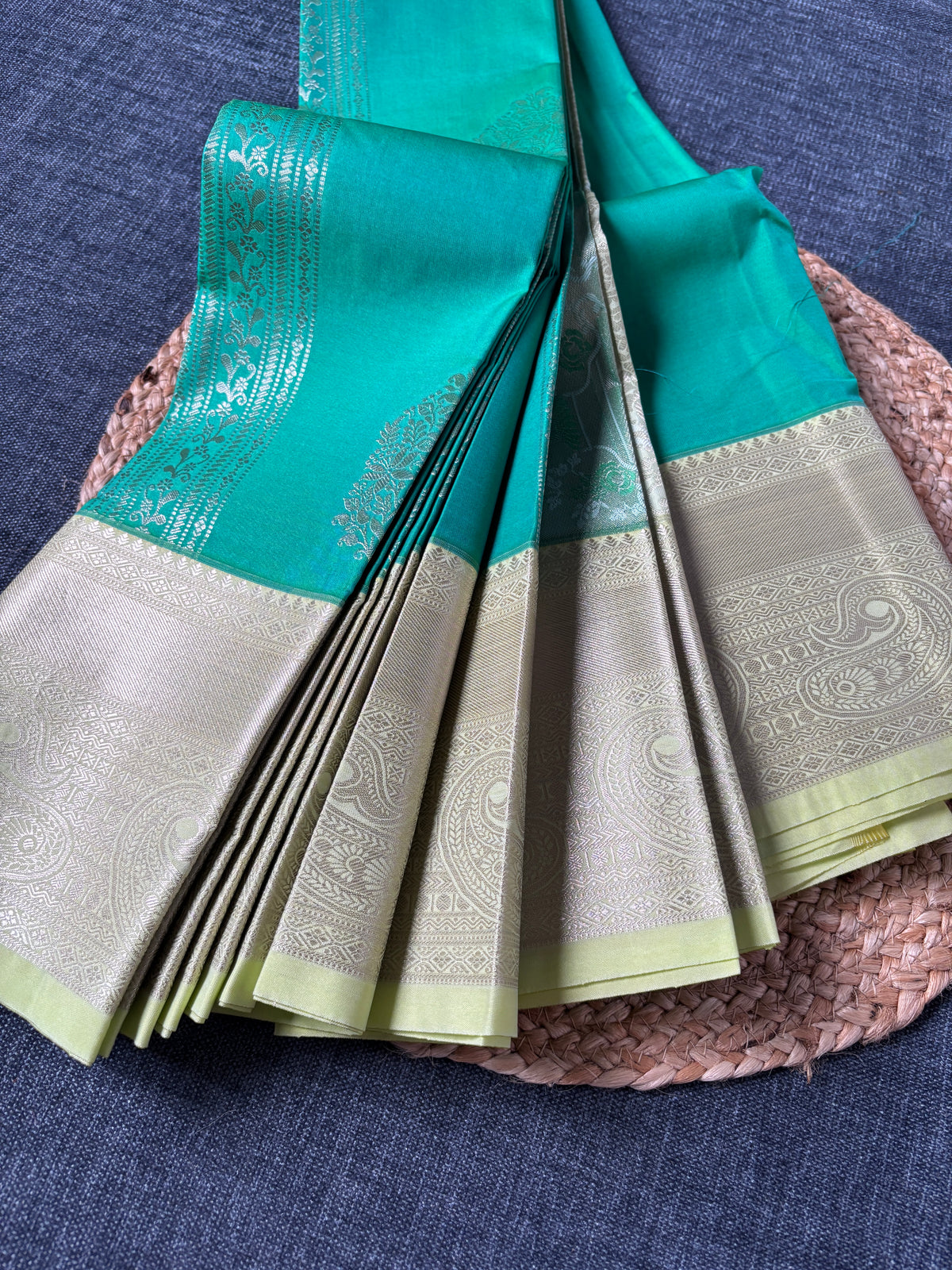 Semi Kanjivaram saree flat lay showing full length and blouse piece – luxury Indian saree gift UK