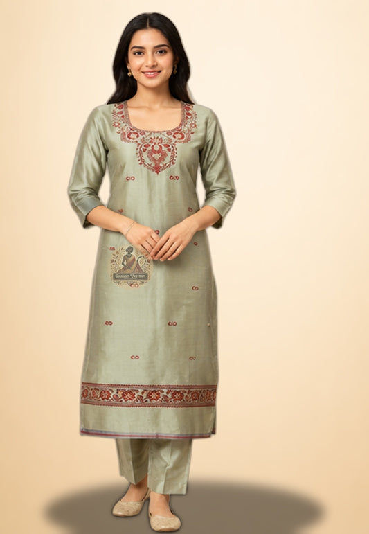 Handloom Baluchari silk unstitched kurti piece in Pesta Green with Resham woven neckline motifs – Dakshin Vastram