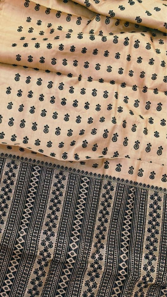 Full drape of heirloom Muga Silk Saree in warm honey gold – premium Indian silk delivered across UK