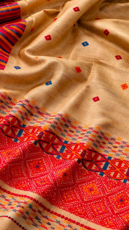 Full festive drape of Muga Silk Saree in natural gold – occasion wear Assam silk delivered across UK