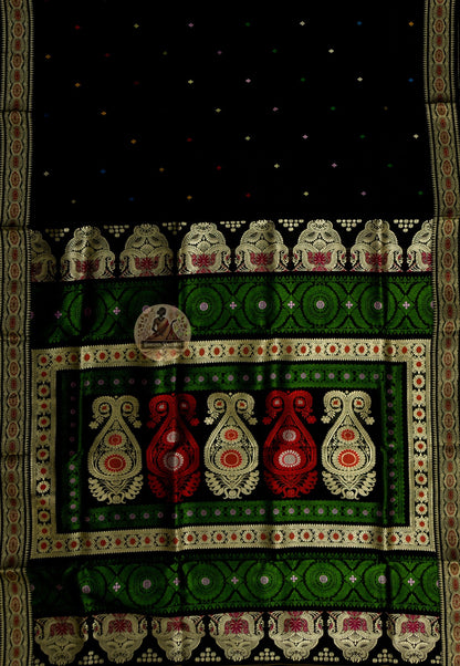 Close-up of pure silk weave on Baluchari saree showing natural lustre and fine thread detailing