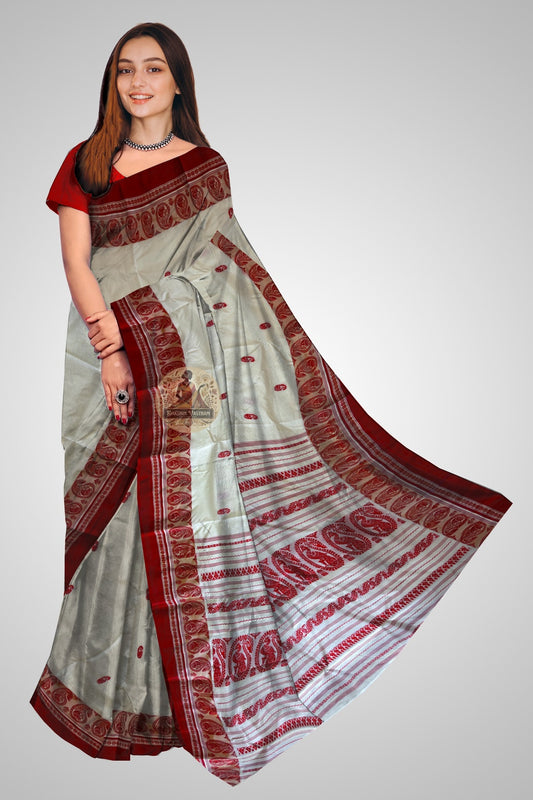 Bishnupur Garad silk saree front view – sacred ivory pure mulberry silk handwoven in Bengal, luminous drape for Durga Puja, Bengali weddings and auspicious occasions