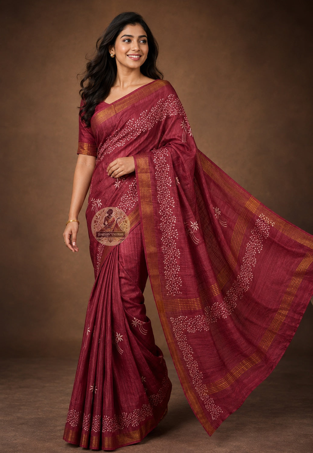 Front view of Ghicha Tussar Silk Saree in natural earthy tone, handwoven with traditional slub texture, draped in classic Nivi style — perfect for Durga Puja and festive occasions