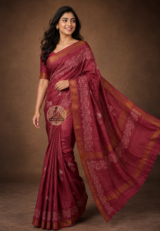 Front view of Ghicha Tussar Silk Saree in natural earthy tone, handwoven with traditional slub texture, draped in classic Nivi style — perfect for Durga Puja and festive occasions