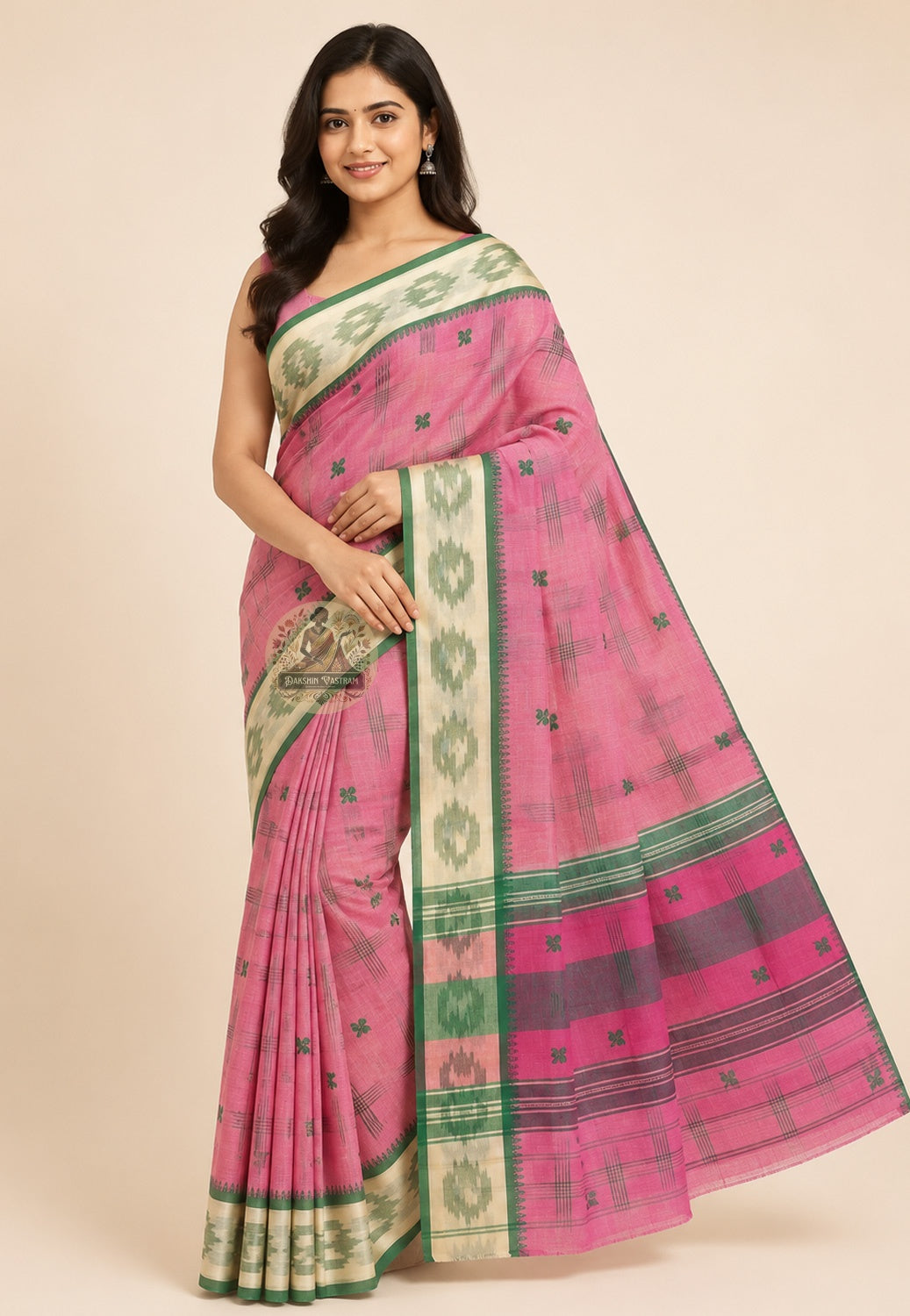 Front view of pure cotton handloom saree without blouse piece, perfect for college functions, Saraswati Puja and festive occasions for young Indian women