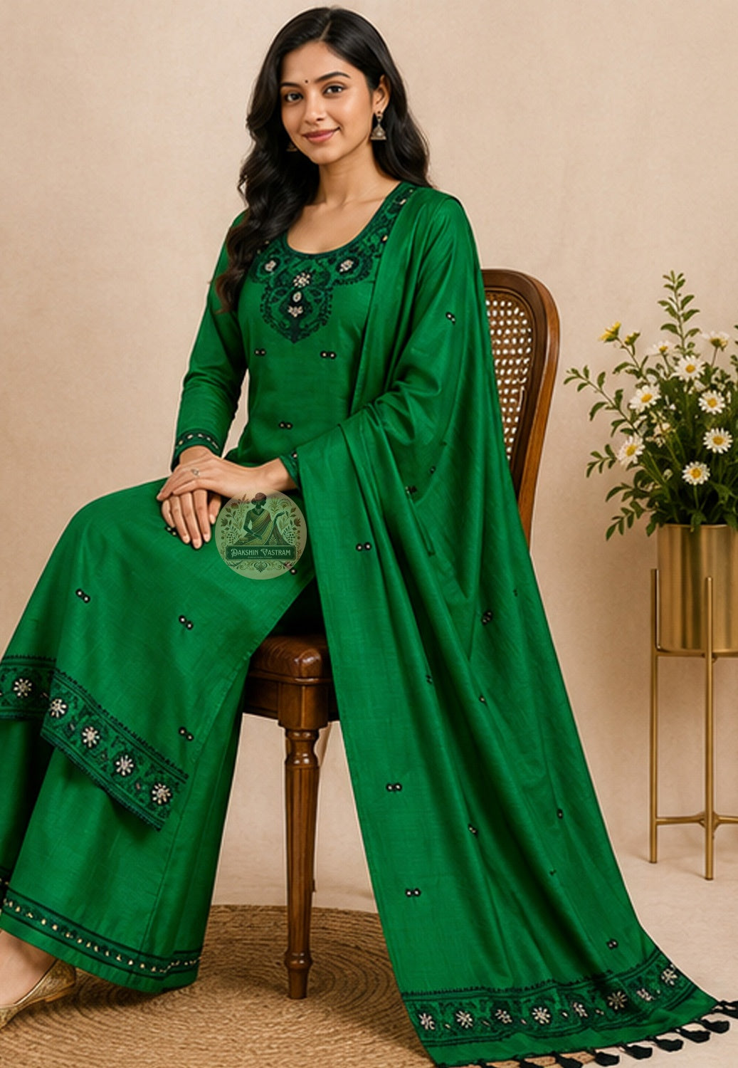 Unstitched Baluchari silk kurti piece in forest green draped to show natural lustre and fluid drape — artisan West Bengal