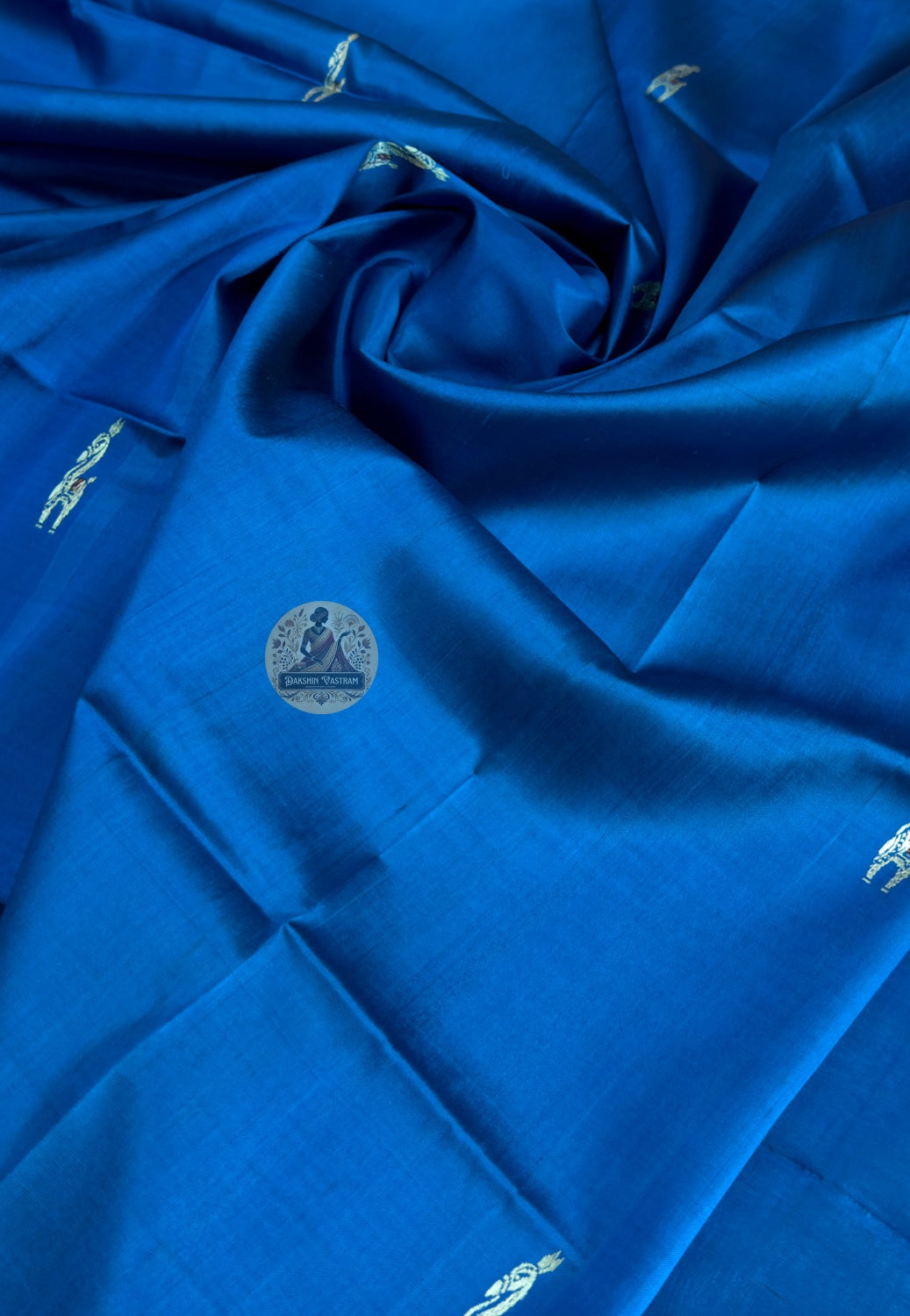 Full view of handwoven Baluchari silk stole – royal violet with mustard gold woven border featuring mythological figures and blue silk fringe tassels