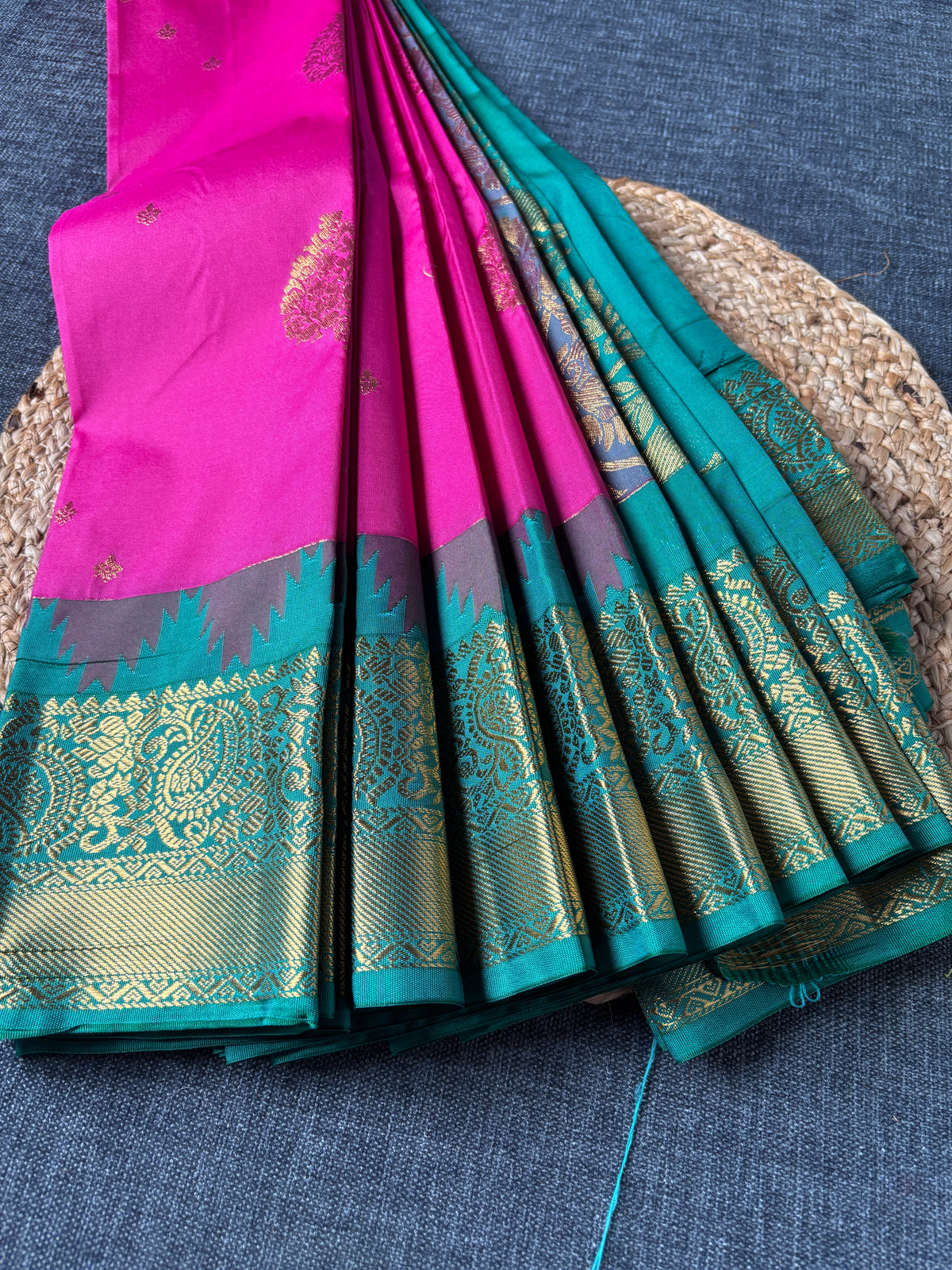 Semi Kanjivaram saree flat lay showing lightweight silk blend – regular wear Indian saree UK delivery