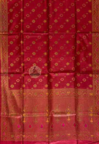 Close-up of Banarasi pallu on Muga Tussar Saree with intricate handwoven zari butis, jaal pattern and floral border in gold thread