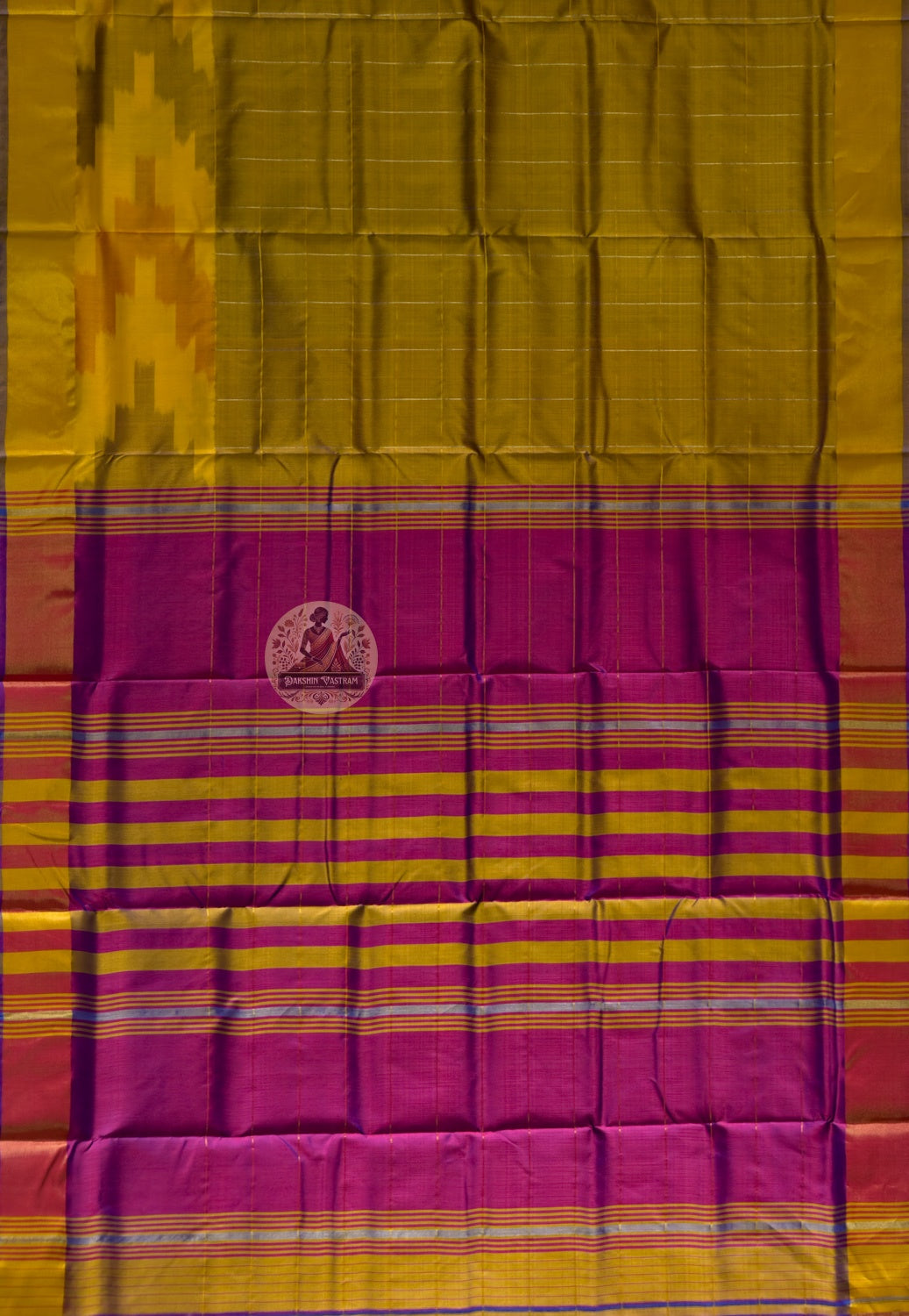 Full flat-lay of Bishnupur Pure Katan Silk Saree displaying the complete handloom weave, woven border and richly patterned pallu — handwoven where tradition meets grace in Bishnupur, West Bengal