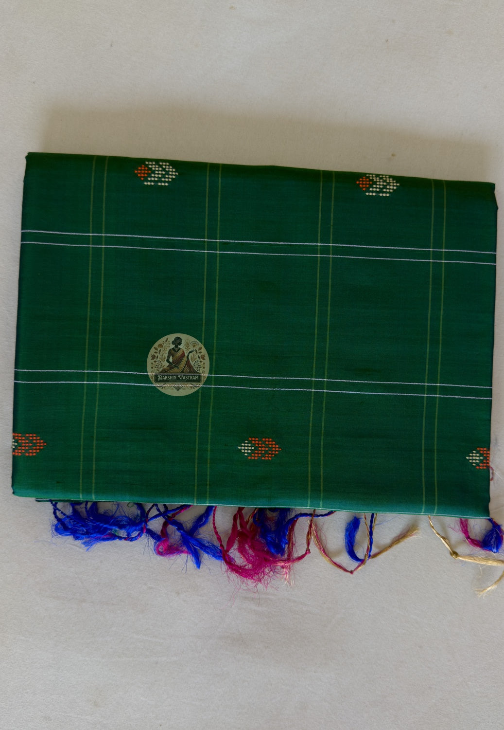 Folded Bishnupuri handwoven pure katan silk saree – rich silk lustre and traditional woven border, ethically sourced Bengal artisan saree by Dakshin Vastram