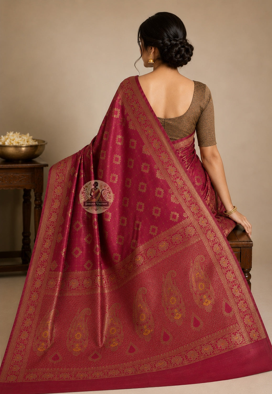 Matching blouse piece of Banarasi Muga Tussar Saree in natural Muga silk with Banarasi zari border, included with the saree